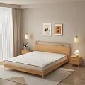Wooden Double Bed in Cozy Bedroom With Mattress Nightstands Table Lamps and Framed Artworks