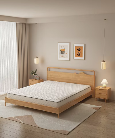 Wooden Double Bed in Cozy Bedroom With Mattress Nightstands Table Lamps and Framed Artworks 3d model