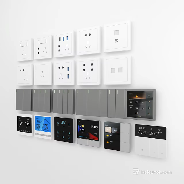 Modern Switch Panels In White Gray Black With USB Ports Smart Control And Digital Displays 3d model 