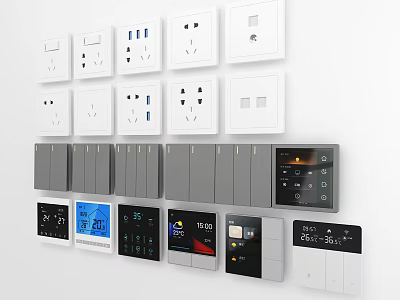Modern Switch Panels In White Gray Black With USB Ports Smart Control And Digital Displays 3d model