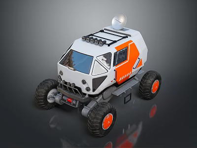 White And Orange Off Road Vehicle With Satellite Dish Spotlights And Large Wheels 3d model