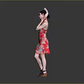 Woman In Red Floral Qipao Posing With Leg Up Hand Behind Head Against Grey Background