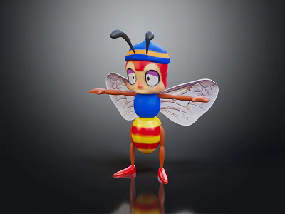 Cute Cartoon Character Bee With Red Headband Blue Body Transparent Wings And Red Shoes 3d model