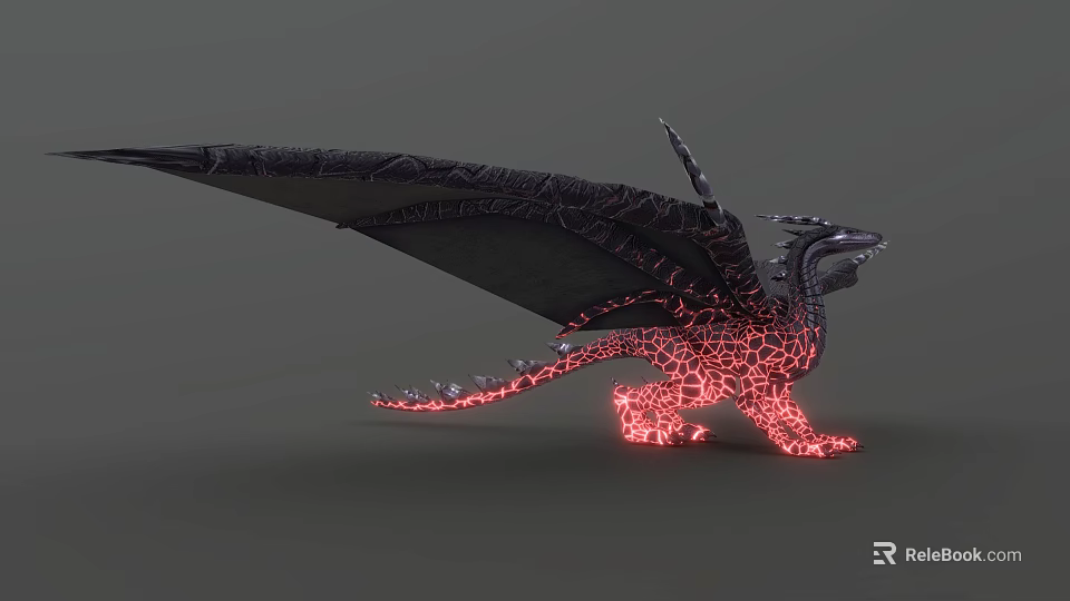 Mythical Dragon Game and Movie Character With Red Cracked Glowing Body And Black Wings 3d model 