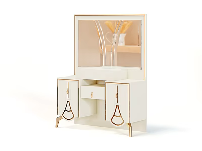 White Modern Vanity Table With Gold Accents Mirror Drawer And Cabinet Doors 3d model