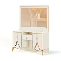White Modern Vanity Table With Gold Accents Mirror Drawer And Cabinet Doors