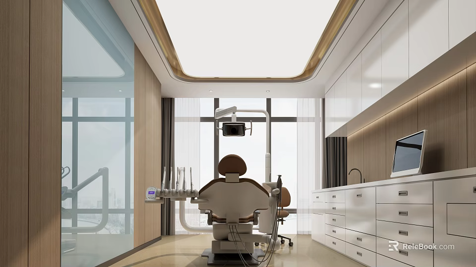 Modern Study Room Interior With Wooden Desk Bookshelf And Large Window Design 3d model 