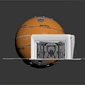 Orange Spherical Structure With White Expandable Model And Mechanical Design Blueprint