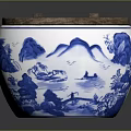 Blue And White Porcelain Jar With Landscape Pattern And Wooden Lid