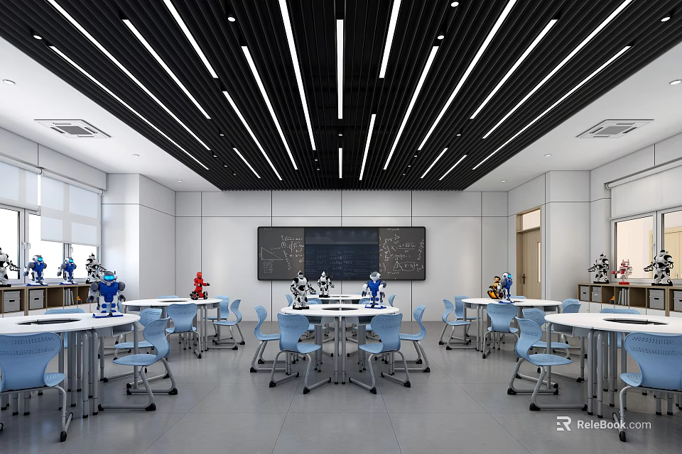 Modern School Classroom With White Tables Blue Chairs And Robot Models 3d model