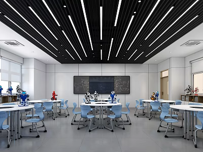 Modern School Classroom With White Tables Blue Chairs And Robot Models 3d model