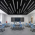 Modern School Classroom With White Tables Blue Chairs And Robot Models 3d model