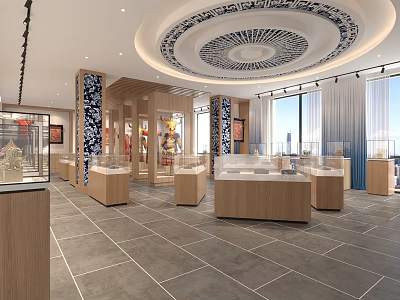 Elegant Exhibition Hall Interior With Wooden Display Cases Large Windows And Decorative Ceiling 3d model