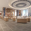 Elegant Exhibition Hall Interior With Wooden Display Cases Large Windows And Decorative Ceiling