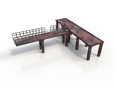 Dark Wood Long Bench And Table Combination Furniture With Metal Railings And Patterned Top 3d model