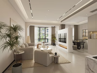 Modern Minimalist Living And Dining Room Interior With Sofa Coffee Table TV And Plants 3d model