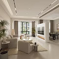 Modern Minimalist Living And Dining Room Interior With Sofa Coffee Table TV And Plants