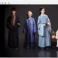 Multi Generational Group of People in Traditional Clothing Ancient Style Gathering with Vase on Table
