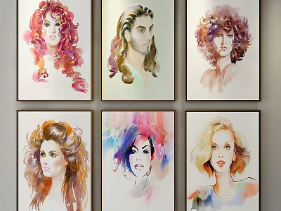 Six Framed Watercolor Portraits With Vibrant Hair And Expressive Faces 3d model