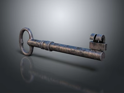 Antique Metal Key Isolated On Dark Background With Reflective Surface 3d model