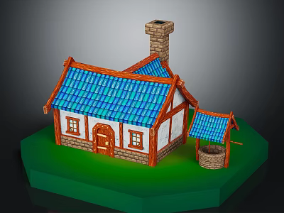 Charming Village Cottage With Blue Tiled Roof White Walls Brick Chimney And Covered Well 3d model