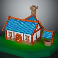 Charming Village Cottage With Blue Tiled Roof White Walls Brick Chimney And Covered Well