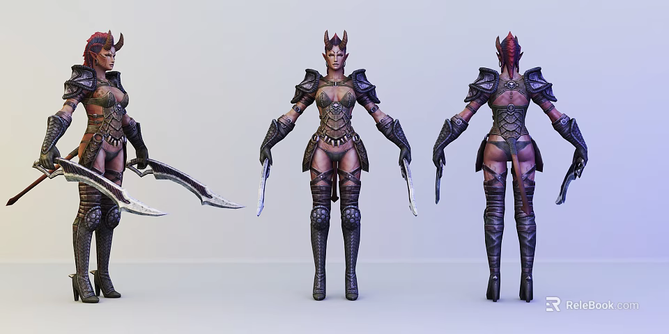 Game Movie Character Horned Female Warrior In Detailed Armor With Dual Blades Front Back Views 3d model 