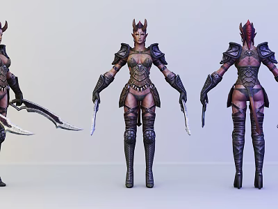 Game Movie Character Horned Female Warrior In Detailed Armor With Dual Blades Front Back Views 3d model