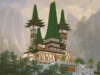 Ancient Traditional Architecture With Green Spires Towers Surrounded By Mountains And Trees 3d model
