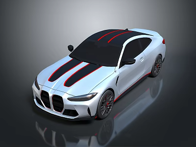 White Sports Car with Black Red Stripes Modern Front Face and Sleek Black Wheels 3d model
