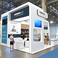 Modern POWERWINS Exhibition Booth With White Blue Design Display Screen And Seating Area