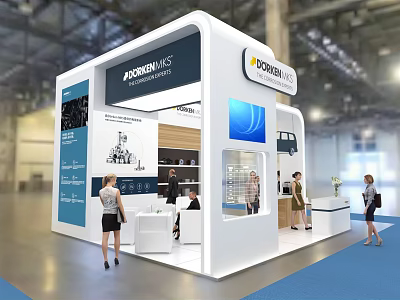 Modern POWERWINS Exhibition Booth With White Blue Design Display Screen And Seating Area 3d model