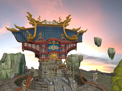 Traditional Chinese Architectural Structure With Golden Decor Blue Roof Floating Rocks And Sunset Scenery 3d model