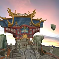Traditional Chinese Architectural Structure With Golden Decor Blue Roof Floating Rocks And Sunset Scenery