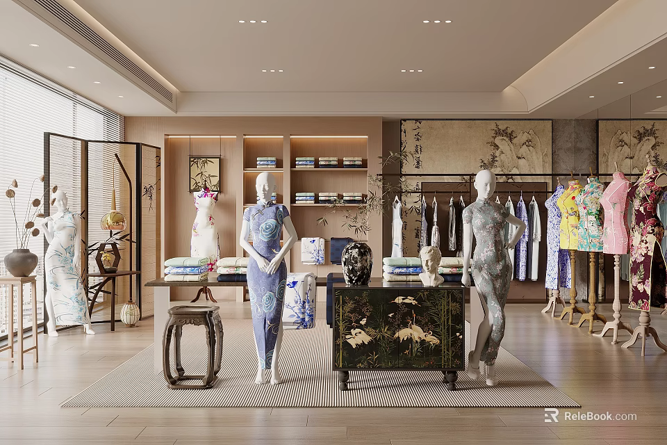 Traditional Chinese Clothing Store With Cheongsam Displays Mannequins And Decorative Screens 3d model 