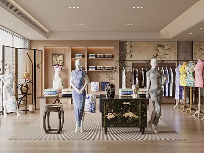 Traditional Chinese Clothing Store With Cheongsam Displays Mannequins And Decorative Screens 3d model