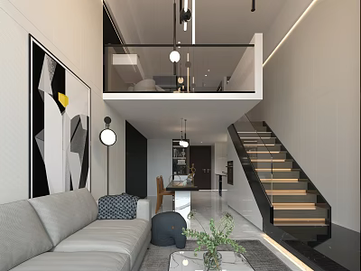 Modern Living and Dining Room Interior With Sofa Staircase Open Layout And Abstract Painting 3d model