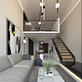 Modern Living and Dining Room Interior With Sofa Staircase Open Layout And Abstract Painting