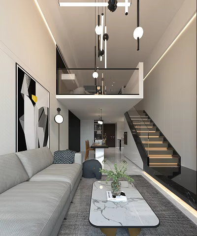 Modern Living and Dining Room Interior With Sofa Staircase Open Layout And Abstract Painting 3d model