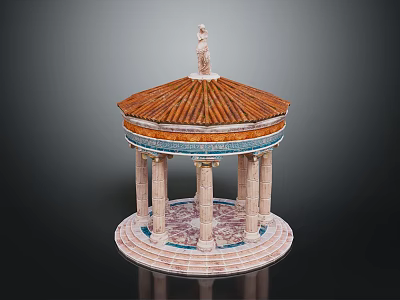 Classical Style Pavilion Model With Circular Base Steps Columns Patterned Floor Red Tiled Roof Statue 3d model