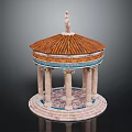 Classical Style Pavilion Model With Circular Base Steps Columns Patterned Floor Red Tiled Roof Statue 3d model