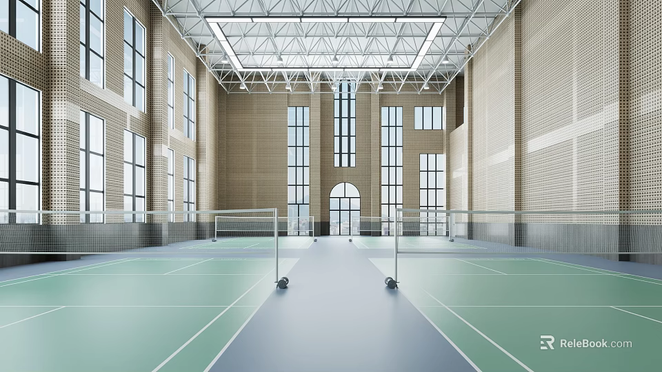 Indoor Sports Hall With Two Tennis Courts Green Flooring Blue Center Lines And Tall Windows 3d model 