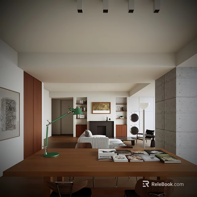 Minimalist Living Room Interior With Green Table Lamp Wooden Table Books Fireplace Artwork Concrete Wall 3d model 