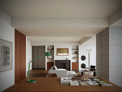 Minimalist Living Room Interior With Green Table Lamp Wooden Table Books Fireplace Artwork Concrete Wall 3d model