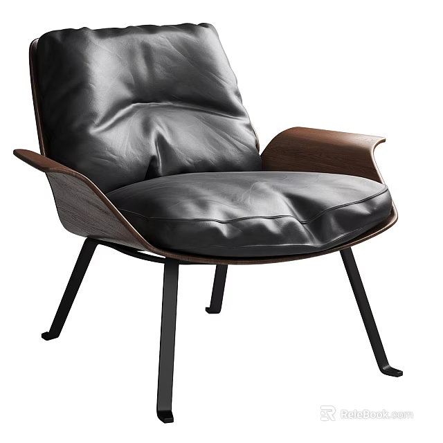 Modern Black Leather Lounge Chair With Wooden Armrests And Metal Legs Design 3d model 
