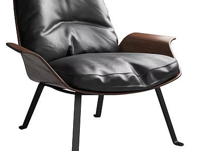 Modern Black Leather Lounge Chair With Wooden Armrests And Metal Legs Design 3d model