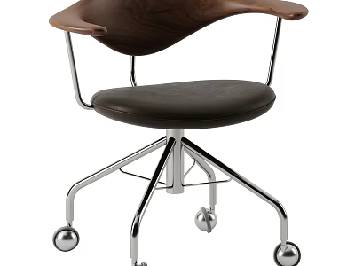Modern Office Chair With Wooden Back Leather Seat And Metal Base Wheels Design 3d model