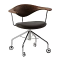 Modern Office Chair With Wooden Back Leather Seat And Metal Base Wheels Design