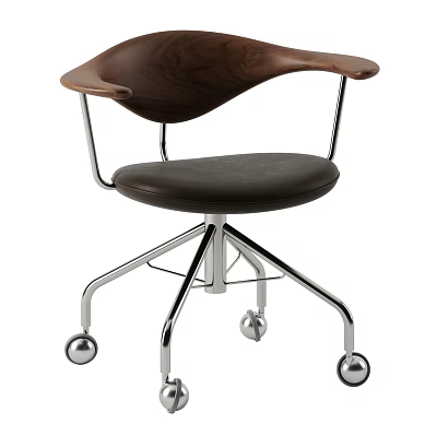 Modern Office Chair With Wooden Back Leather Seat And Metal Base Wheels Design 3d model