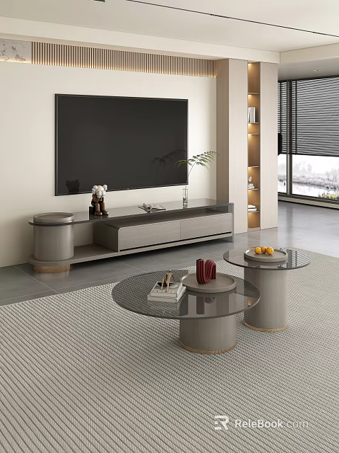Modern TV Stand With Black TV Decorative Items And Green Plant In Living Room 3d model 